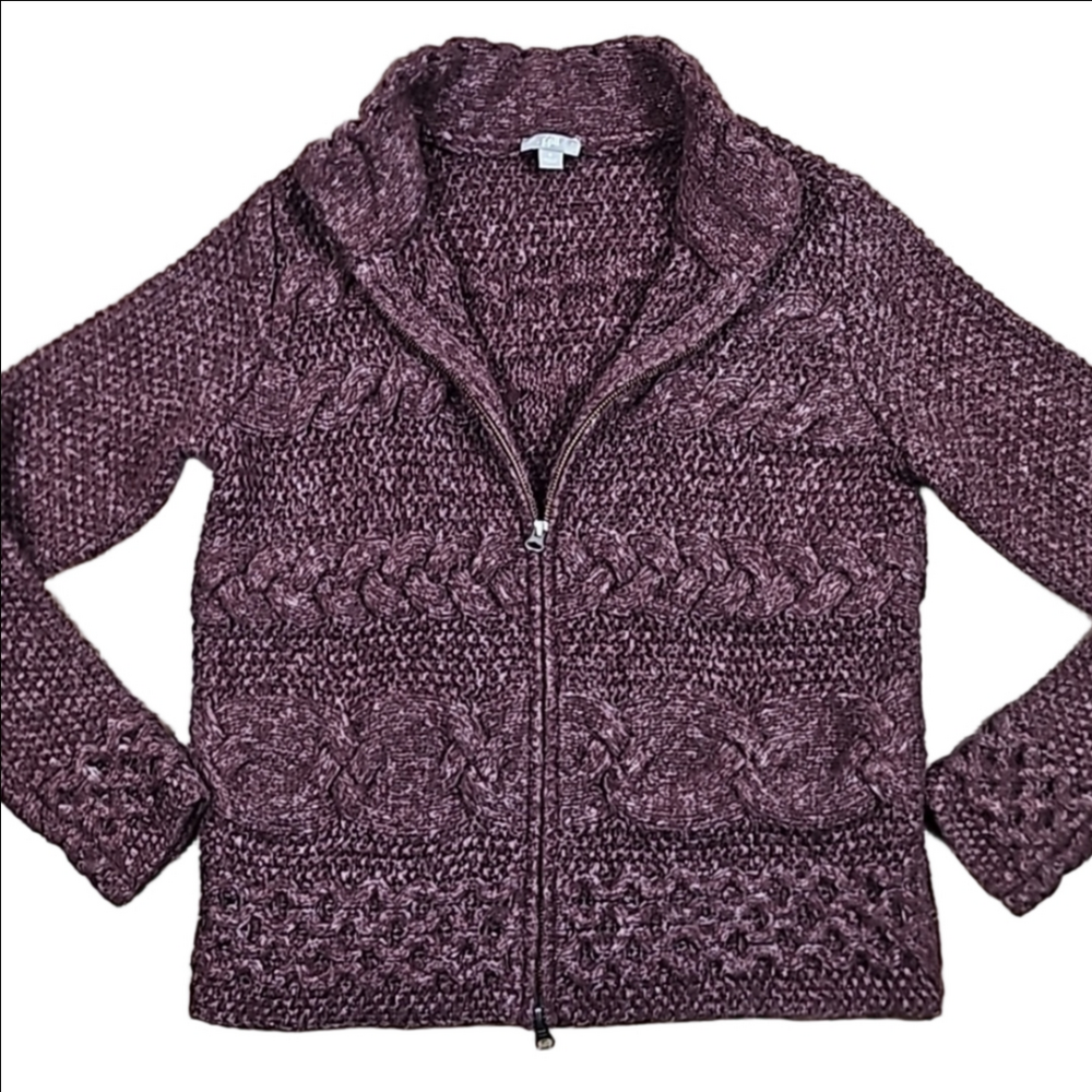 J. Jill Maroon Chunky Thick Cable Knit Zip Front Long Sleeve Cardigan Sweater